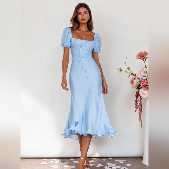Selfie Leslie Dresses & Skirts - NWOT Selfie Leslie Blue Puff Sleeve Corset Midi Dress Spring Summer Bustier Sm
